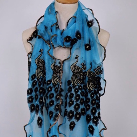 Parisian-style Gold-trim SKY BLUE Peacock scarf - Picture 2 of 8
